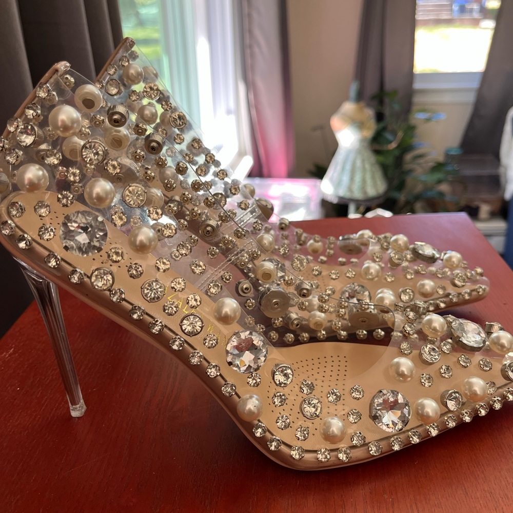 Clear Azalea Wang Heels with Diamond and Pearl Embellishments size 11